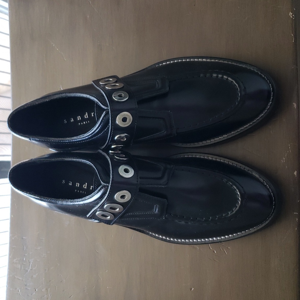 Sandro Black Leather Loafers with Silver Hardware